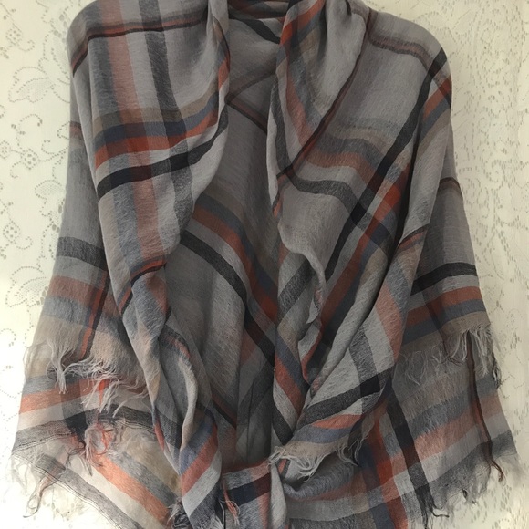 Accessories - Boho Fringed Shawl Wrap Scarf Gray Rust Navy Plaid